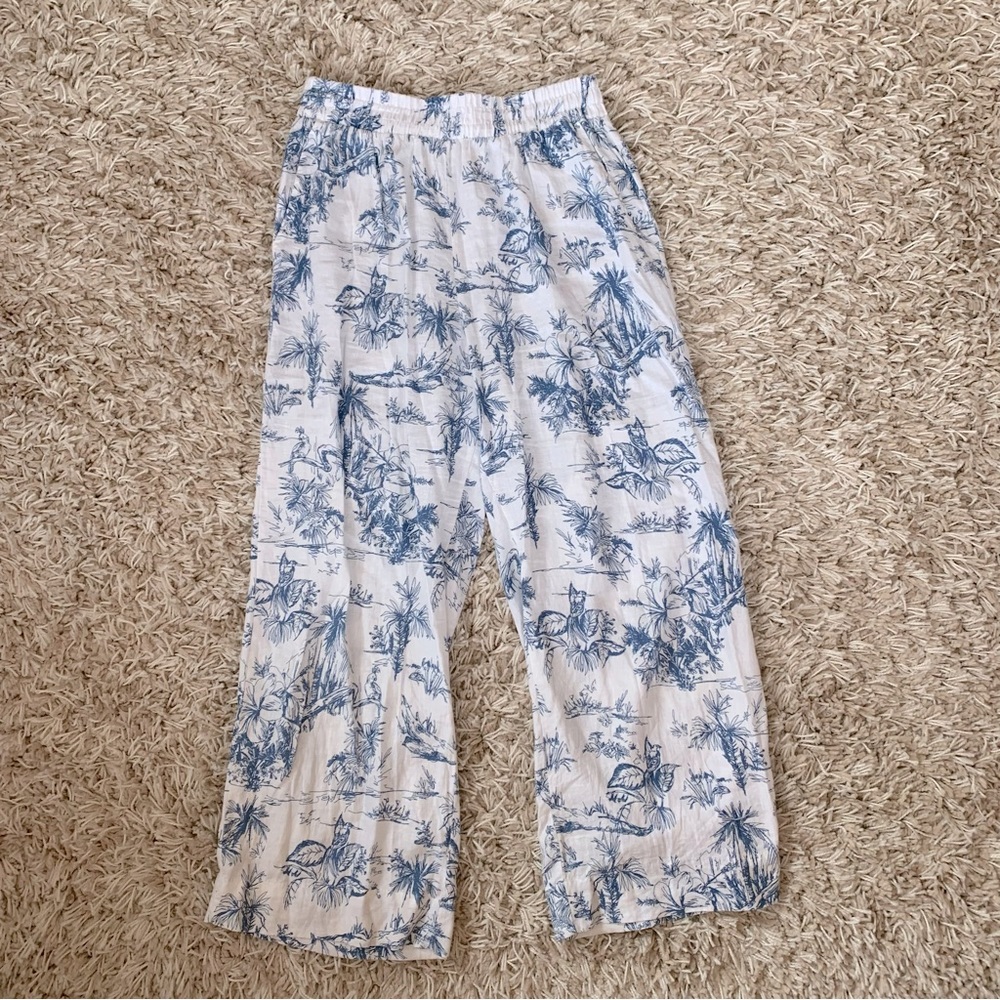 Blue and White Patterned Linen Pants